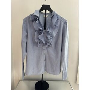 Harvé Benard Womens L Blue Ruffle Front Button Blouse Romantic Cottagecore